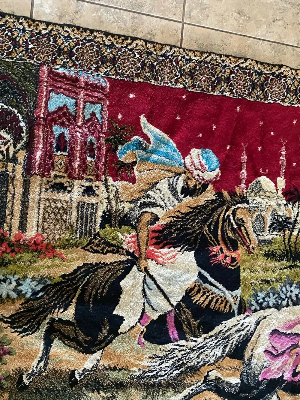 Vintage Arabian Nights Velvet Pictorial Tapestry Wall Hanging Rug Large 68”x46”